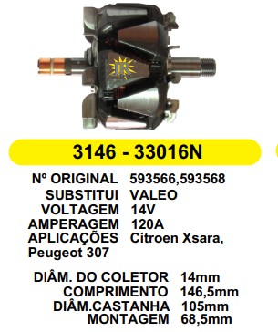 3146 ROTOR VALEO CITROEL/PEUGEOT 120A 14V C146.5 D105 C/V