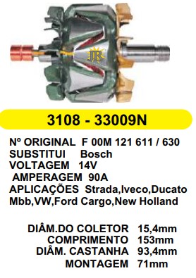 3108 ROTOR BOSCH IVECO/CARGO/STRADA N.HOLLAND 90A 12V C153 D93.4 C/V