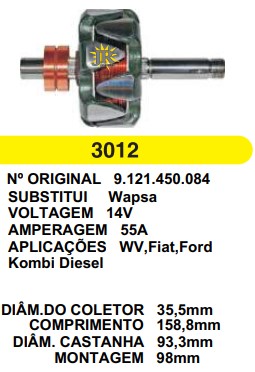 3012 ROTOR WAPSA VW/FIAR/FORD DEL REY 14V C158.8 D93.3 S/V 