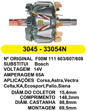 3045 ROTOR BOSCH PALIO/GOL/S10/CIVIC/UNO 65A 14V C148.3 D88.8 C/V