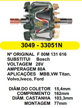 3049 ROTOR BOSCH VOKSWAGEM TITAN 80A 28V C162 D103.3 C/V
