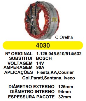 4030 EST. BOSCH E125 I94 CORSA C/ORELHAS 94MM L 32MM 90A 12V