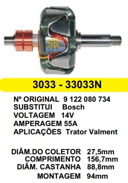 3033 ROTOR BOSCH VALMET 55A MOD. 14V C156.7 D88.8 S/V