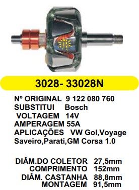 3028 ROTOR BOSCH GOL PLUS 55A 14V C152 D88.8 S/V C/CHAVETA