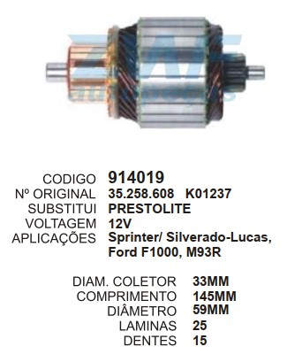 9057/914019 IND. PART. PRESTOLITE/INDIEL M93R 12V C145 D59 15D ZWF