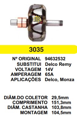3035 ROTOR DELCO MONZA 14V 65A C151.3 D103.8