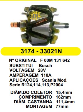 3174 ROTOR BOSCH MB/SCANIA 124/114/113 ELETRONICA 28V 100A/110A C162 D111.4 C/V