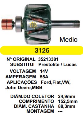 3126 ROTOR LUCAS MEDIO 55A / 75A 14V C152.5 D88.3 S/V
