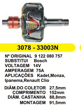 3078 ROTOR BOSCH MONZA 75A 14V C152 D88.8 S/V S/CHAVETA