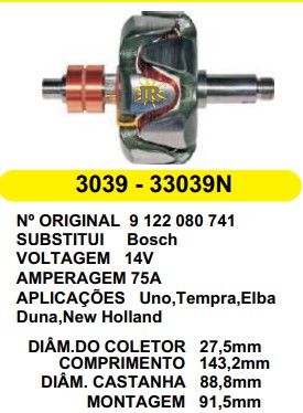 3039 ROTOR BOSCH UNO/TEMPRA/ELBA 65A 14V C143.2 D88.8 S/V