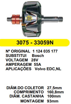 3075 ROTOR BOSCH VOLVO EDC CURTO 55A 28V C160.8 D100 S/V