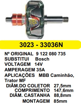 3023 ROTOR BOSCH MBB MOD. 35A 14V C147.6 D88.8 S/V