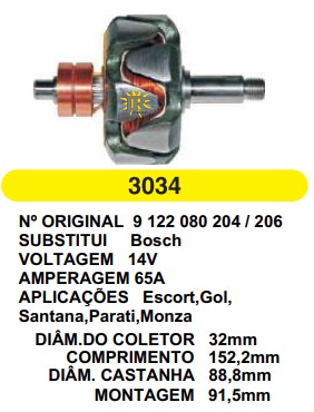 3034 ROTOR BOSCH MONZA 65A 14V C152.2 D88.8 S/V