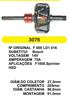 3076 ROTOR BOSCH SPRINTER MENOR 75A 14V C205 D88.8 S/V