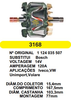 3168 ROTOR BOSCH VOLARE/IVECO 120A 14V C167.5 D103.3 C/V