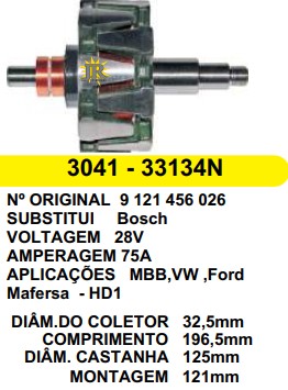3041 ROTOR BOSCH ONIBUS HD1 75A 28V C196.5 D125 S/V