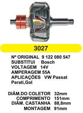 3027 ROTOR BOSCH PASSAT 55A 14V C151 D88.8 S/V