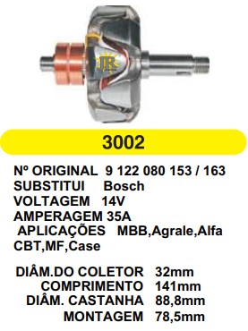 3002 ROTOR BOSCH MB 35A ANTIGO 14V C141 D88.8 S/V