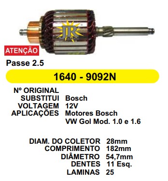 9092 IND. PART. BOSCH GOL G5/G6/FOX 12V C185 D54.7 11D ESQ