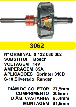 3062 ROTOR BOSCH SPRINTER MAIOR 85A 14V C205 D93.4 S/V