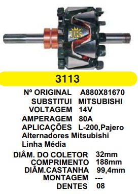 3113 ROTOR MITSUBISHI L200/PAJERO 14V 80A C188 D99.4 C/V