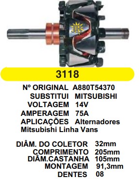 3118 ROTOR MITSUBISHI H100 75A 14V C205 D105 C/V