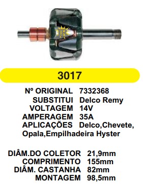 3017 ROTOR DELCO CHEVETE 14V 35A C155 D82 S/V