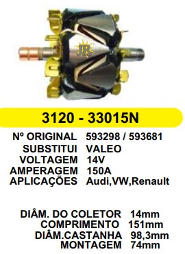 3120 ROTOR VALEO AUDI/VW/RENAULT 14V 150A C151 D98.3 C/V 