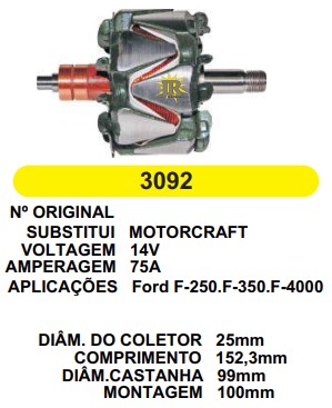 3092 ROTOR MOTORCRAFT RANGER/SAPAO/F250/F350/F4000 75A 14V C152.3 D99 C/V
