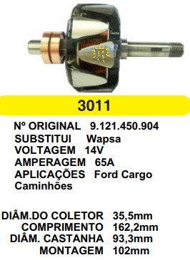3011 ROTOR WAPSA CARGO/CUMINNS 14V 65A C162.2 D93.3 S/V