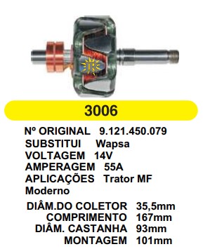 3006 ROTOR WAPSA MF MODERNO 14V 55A C167 D93 S/V