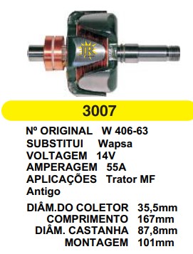 3007 ROTOR WAPSA MF ANTIGO 14V 55A C167 D87.8 S/V