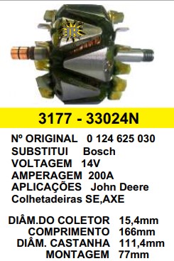 3177 ROTOR BOSCH COLHET. JOHN DEERE 111 200A 12V C166 D111.4 C/V