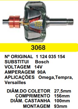 3068 ROTOR BOSCH OMEGA / TEMPRA 90A 14V C156 D100 S/V