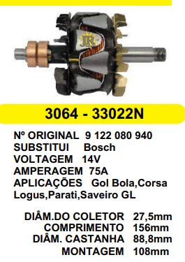 3064 ROTOR BOSCH CORSA 75A 14V C156 D88.8 C/V