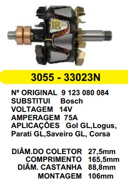 3055 ROTOR BOSCH GOL BOLA 14V 75A C165.5 D88.8 C/V