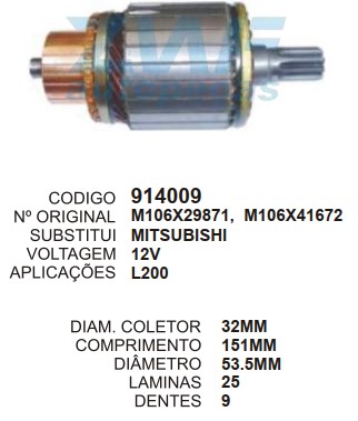 9046/914009 IND. PART. MITSUBISHI H100/L200 12V C151 D54 9D ZWF