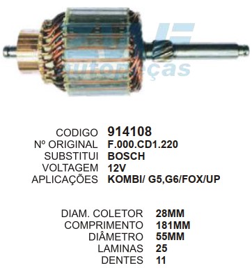 9092/914108 IND. PART. BOSCH GOL G5/G6/FOX 12V C185 D54.7 11D ESQ ZWF