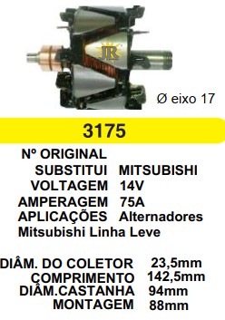 3175 ROTOR MITSUBISHI 75A 14V C142.5 D94 C/V MAIOR