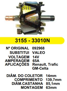 3155 ROTOR VALEO RENAULT/CELTA/TRAFIC 14V 65A C139.7 D85.1 C/V