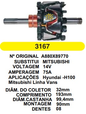 3167 ROTOR MITSUBISHI H100 75A 14V C193 D99.4 8D C/V