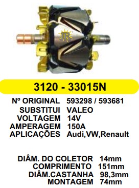 3120/33015 ROTOR VALEO AUDI/VW/RENAULT 14V 150A C151 D98.3 C/V 