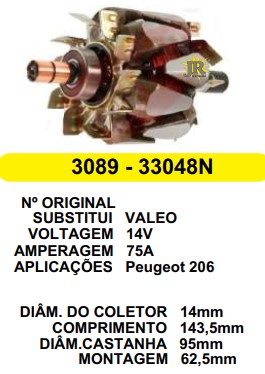 3089 ROTOR VALEO PEUGEOT 206 14V 75A C143.5 D95 C/V