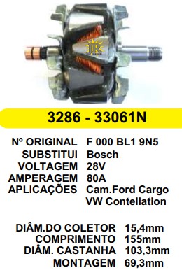 33061/3286 ROTOR BOSCH CARGO/CONSTELATION 80A 28V C155 D103.3 C/V