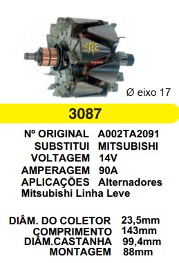 3087 ROTOR MITSUBISHI ALT. LINHA LEVE 75A 14V C143 D99.4 C/V