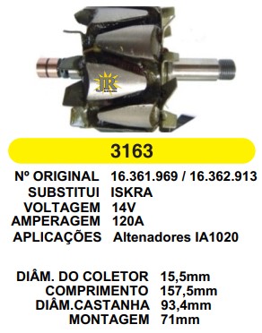 3163 ROTOR ISKRA TM165 IA1020 120A 14V C157.5 D93.4 C/V