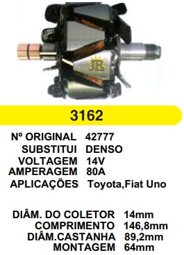 3162 ROTOR DENSO TOYOTA/FIAT UNO 80A 14V C146.8 D89.2 C/V 