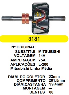 3181 ROTOR MITSUBISHI L200/H100 12V 75A C201.5 D99.4 S/V