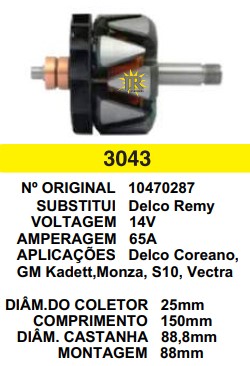 3043 ROTOR DELCO S10 COREANO 14V C150 D88.8 S/V