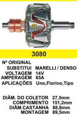 3080 ROTOR MARELLI UNO/FIORINO/TIPO 65A 14V C151.2 D88.8 S/V 